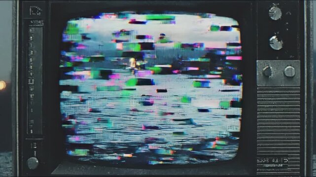 Vintage television screen starting with static then showing serene water with distant illuminated boat at dusk. Retro VHS footage capturing 80s 90s nostalgic transition from interference to tranquil