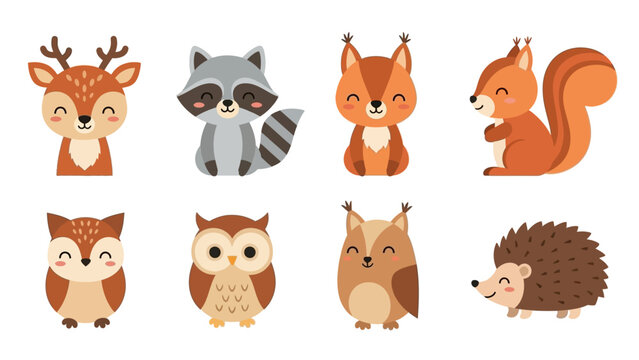 Adorable Cartoon Woodland Animal Characters Set: Deer, Raccoon, Squirrels, Owls, Hedgehog Smiling