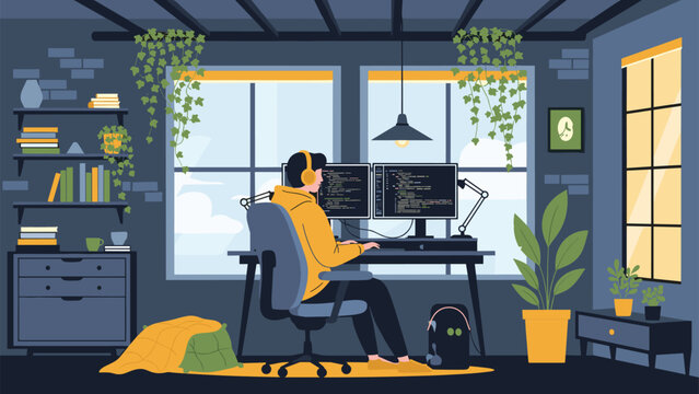 A male programmer or developer with headphones is coding on a dual monitor setup at his desk in a modern, plant-filled home office.