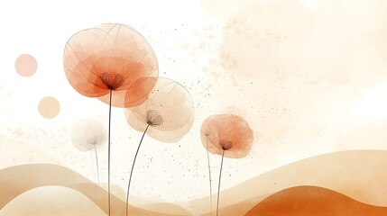 Soft Orange Watercolor Abstract Flowers Art with Minimalist Petals and Splatter Background
