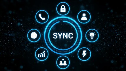 Futuristic blue sync concept with icons for data synchronization - Powered by Adobe