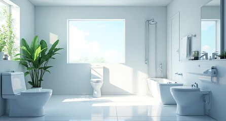 Fototapeta premium Bright, pristine modern white bathroom. Features two toilets, a tub, bidet, and sink. Natural light from a large window accents a green plant.