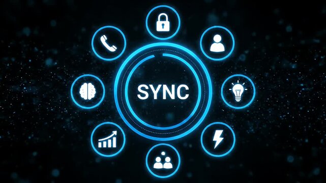 Futuristic blue sync concept with icons for data synchronization