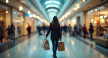 A shopper walks down a vibrant mall aisle, holding bags after an enjoyable retail outing amidst other blurred figures.