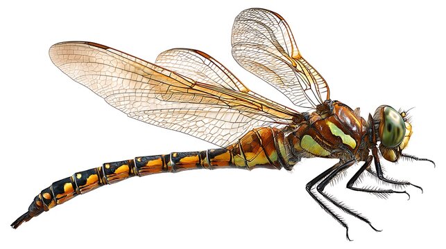 Full body profile of a dragonfly isolated on white background 