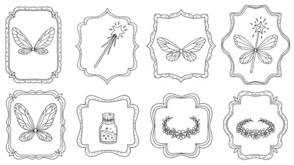 Magical hand-drawn collection of fairy accessories including wings, a magic wand, a bottle of pixie dust, and a flower crown in decorative frames.