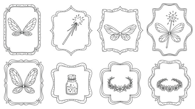 Magical hand-drawn collection of fairy accessories including wings, a magic wand, a bottle of pixie dust, and a flower crown in decorative frames.