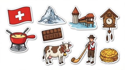 simple switzerland sticker set featuring national flag landmarks traditional food and cultural icons cartoon style