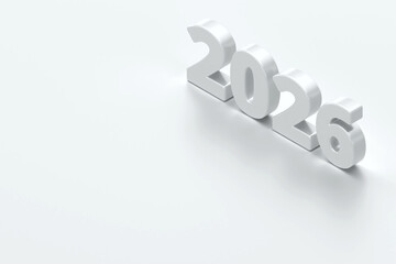 3D white 2026 numbers rendered in an isometric perspective on clean white surface with soft shadows. minimalist concept representing the upcoming year, future planning, and business milestones