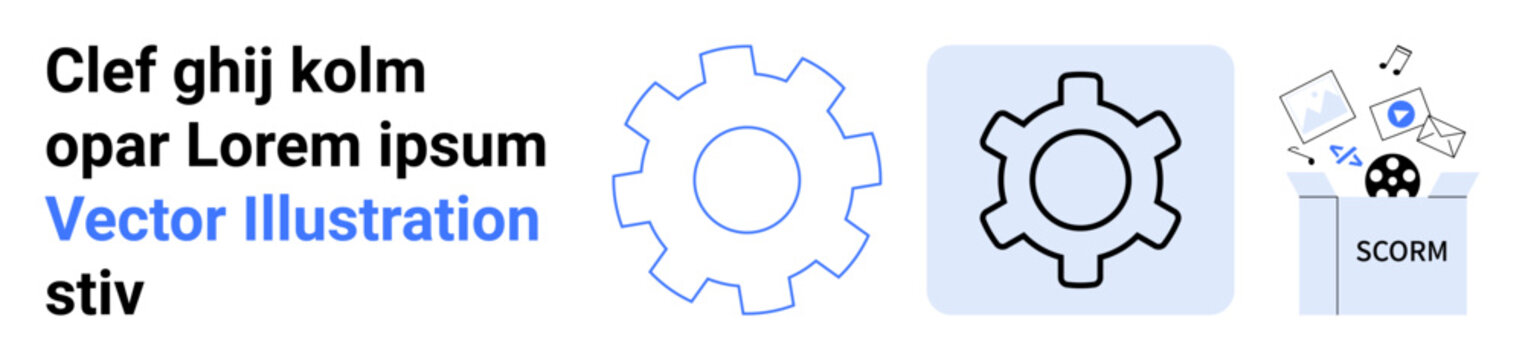 Gear visuals highlight mechanical process and SCORM file integration surrounded by digital devices and tools. Ideal for education, productivity, mechanics, e-learning, automation, technology