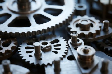 Close-up of interlocking metal gears and mechanical components in a precision machinery setup