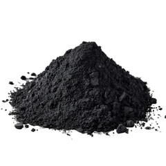 A pile of dark, fine-grained powder, with a slightly irregular conical shape, on a black background