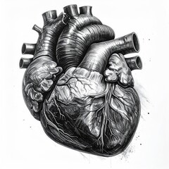 A detailed grayscale illustration of a human heart, anatomical and textured