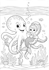 An octopus is babysitting a baby mermaid. coloring book