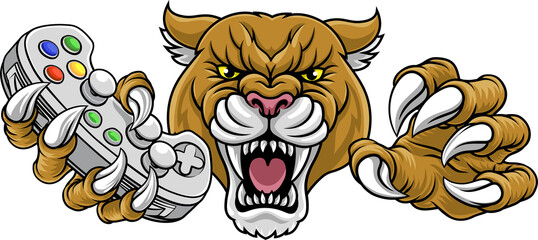 Cougar, panther, mountain lion or puma wildcat cat gamer sports mascot holding a video game controller © Christos Georghiou