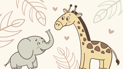 Cute cartoon baby elephant and giraffe friends together.