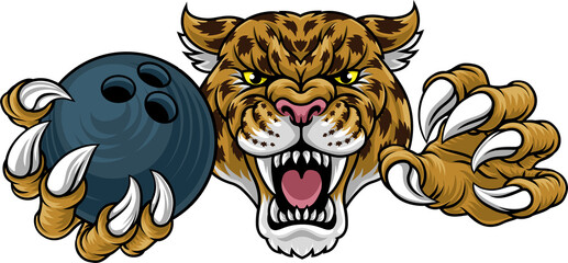 A jaguar, panther, leopard or cheetah wildcat spotted cat bowling sports team mascot holding a ball © Christos Georghiou