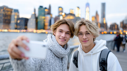 Gay couple taking a selfie in urban setting with cityscape backdrop