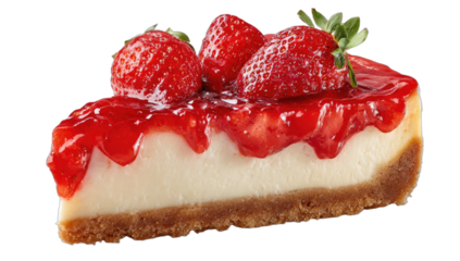 Slice of creamy cheesecake topped with glistening strawberry sauce and fresh berries