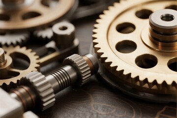 Close-up of metallic gears and mechanical components in intricate arrangement