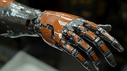 Close-up of an advanced robotic hand and forearm, showcasing detailed articulation and futuristic design in metallic and orange tones.