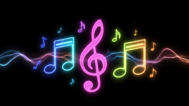Glowing neon musical notes with treble clef and sound waves