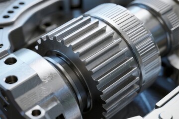 Close-up of metallic gears and mechanical components in an industrial machine