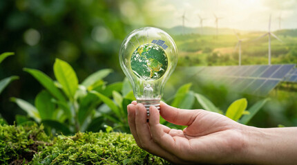 Hand holding light bulb with green planet earth inside. Eco energy concept