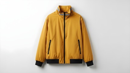 Classic mustard yellow bomber jacket with black trim and reflective collar detail isolated on white background