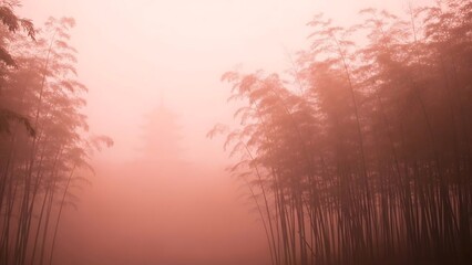 Serene pink forest at sunset dusk.