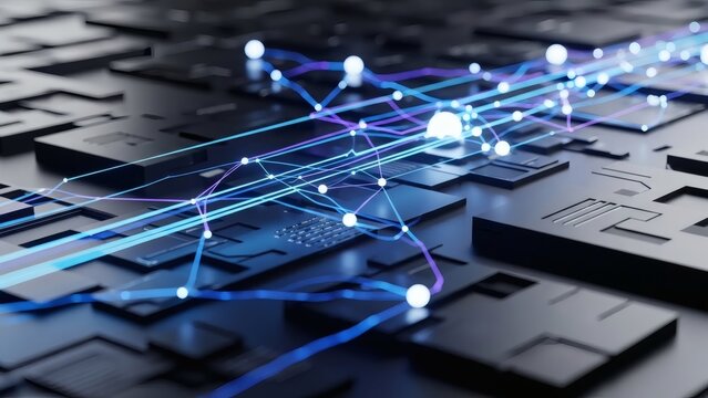 Abstract digital network connections on a futuristic circuit board with glowing data lines. - Powered by Adobe