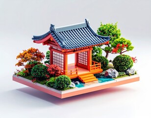 Miniature, vibrant Asian-inspired garden scene with a classic pagoda