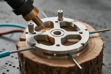 Precision drilling of a metallic mechanical component using a handheld tool on a wooden base