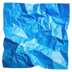 Close-up of crumpled blue paper, heavily textured, isolated on white