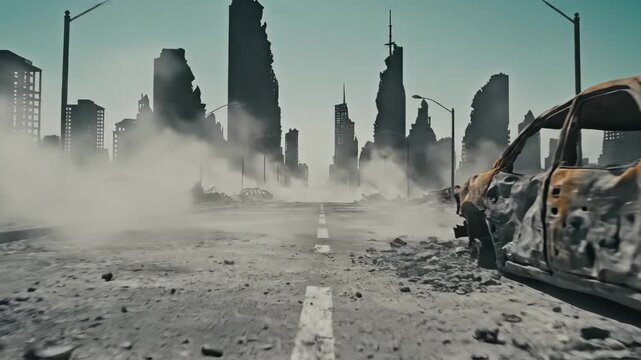 Postapocalyptic city street with wrecked car and ruined skyscrapers shrouded in fog. Sequence of urban decay in deserted wasteland after catastrophe destruction.