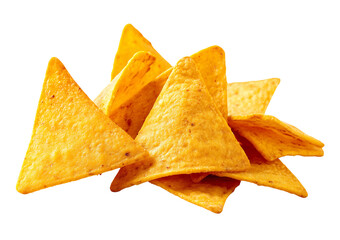 Naklejka premium Pile of golden yellow triangular tortilla chips with textured surface isolated on a transparent background