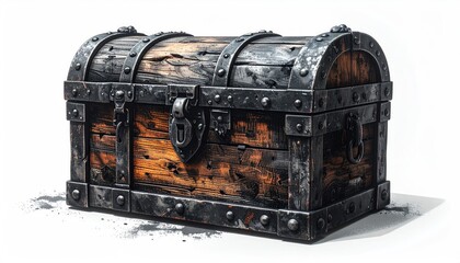 Weathered wooden chest with metal bands and lock, against white