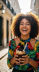 Happy Woman Smiling Holding Healthy Acai Bowl Food Summer Outdoor