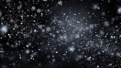 Abstract dark background features many small, blurry, and sparkling snowflake shapes