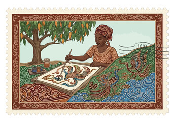 Obraz premium Woman painting elaborate textile pattern outdoors under a mango tree