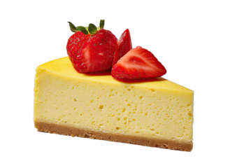 A creamy slice of cheesecake topped with fresh red strawberries