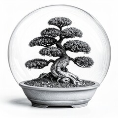 Bonsai tree, inside a transparent globe, in a gray pot, black and white