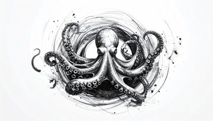 Grayscale illustration of an octopus with swirling tentacles on a white background