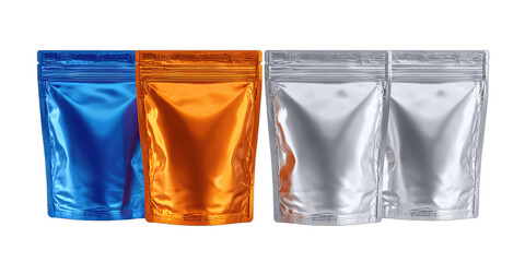 Metallic resealable pouches in blue, orange, and silver colors