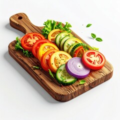 Sliced fresh vegetables arranged artfully on a wooden cutting board