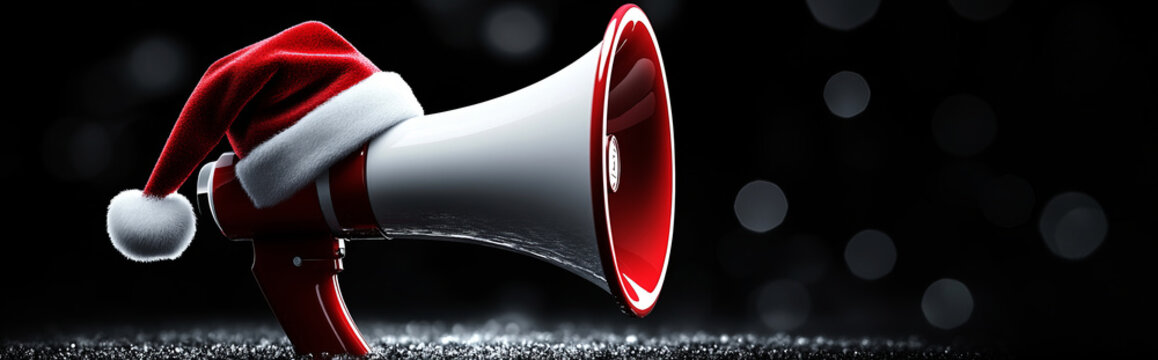 megaphone with a santa hat on a black background	
