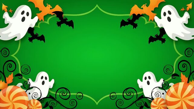 Green halloween background frame with ghosts bats and candy swirls