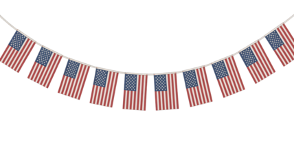 American flags hanging on a string for patriotic decoration