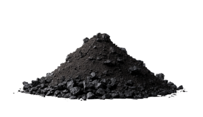Dark, granular pile of crushed dark rock on a black background