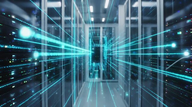 Modern data center with rows of server racks and illuminated lights - Powered by Adobe